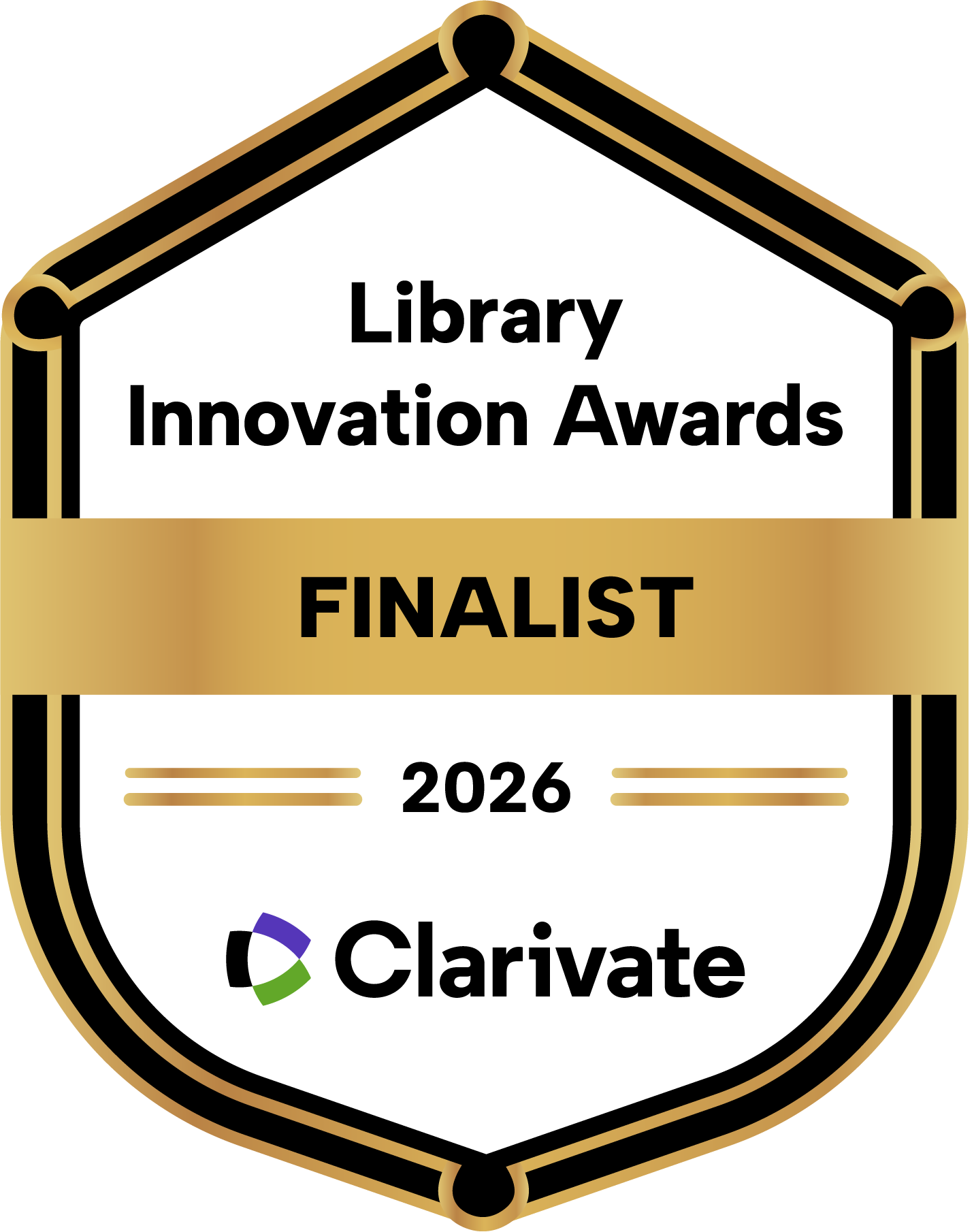 Graphic of a shield with the text 'Library Innovation Awards Finalist 2026' and the Clarivate logo.